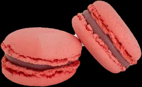 Two raspberry macarons filled with ganache