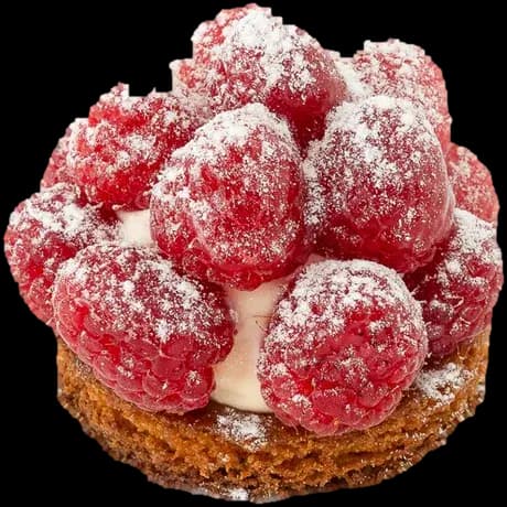 A raspberry tartlet crowded with fresh raspberries and dusted with icing sugar